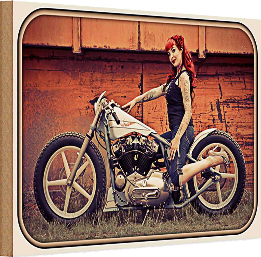 Holzschild Motorrad 30x20cm Biker Girl Frau Pin up