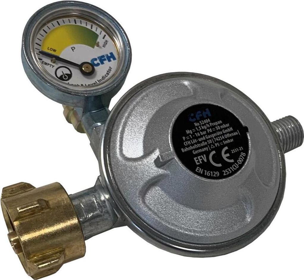 CFH Gasdruckregler 50 mbar mit Manometer DRF 404 - Druckminderer für Gasflasche mit Füllstandsanzeige, Eingang G.12, Ausgang H.4 1/4", gemäß EN...