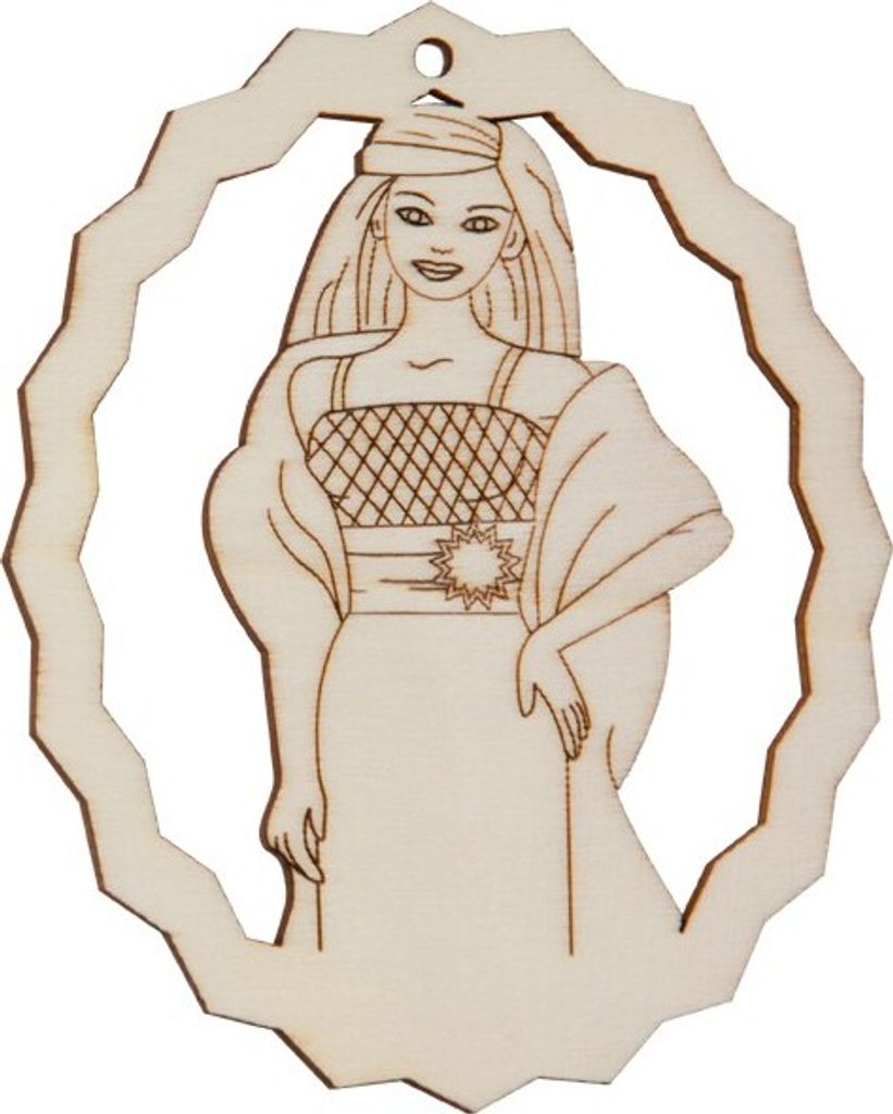 Hofmeister Holzwaren Geschenk Anhänger Tür Schild 'DAME mit UMHANG' Fensterbild Kinder, oval gezackt gerahmt L93xB76xH3 mm, 27322