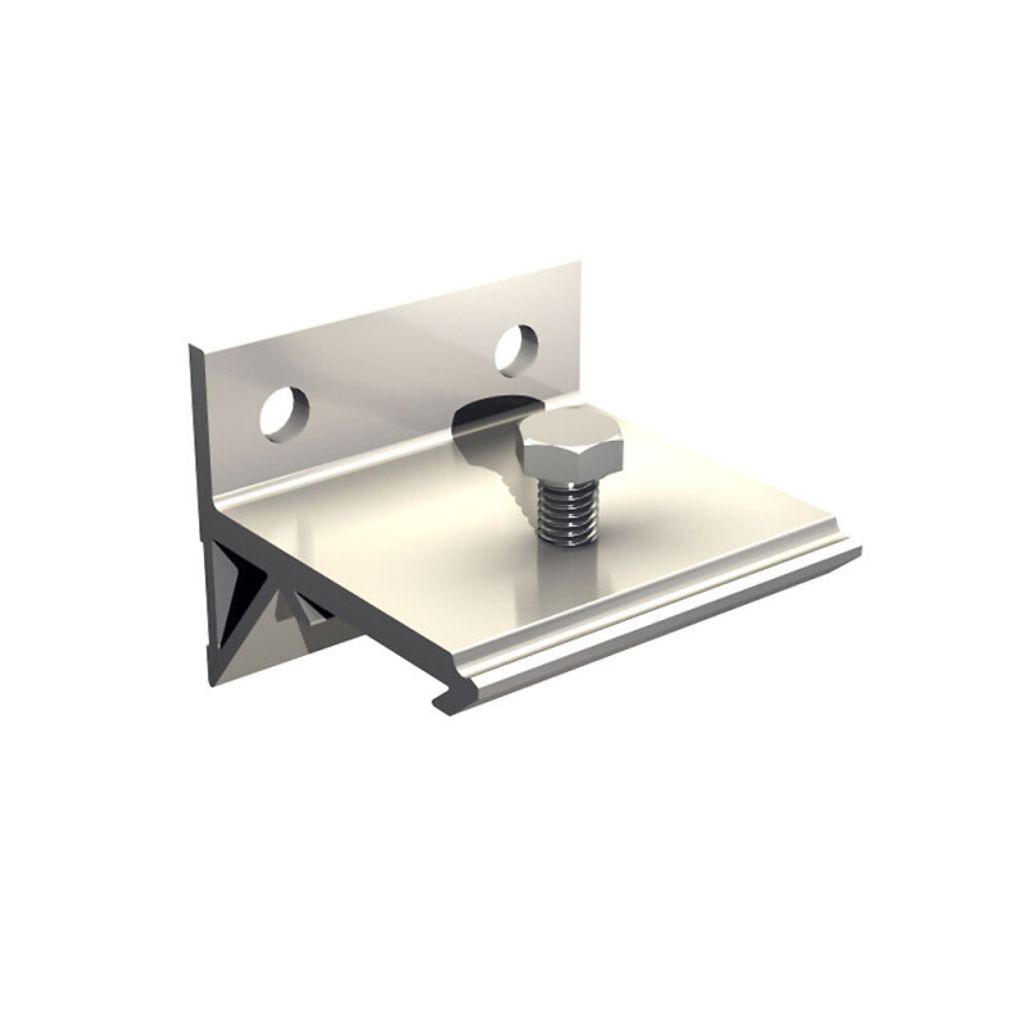 A close-up studio shot of a metal mounting bracket with a bolt.