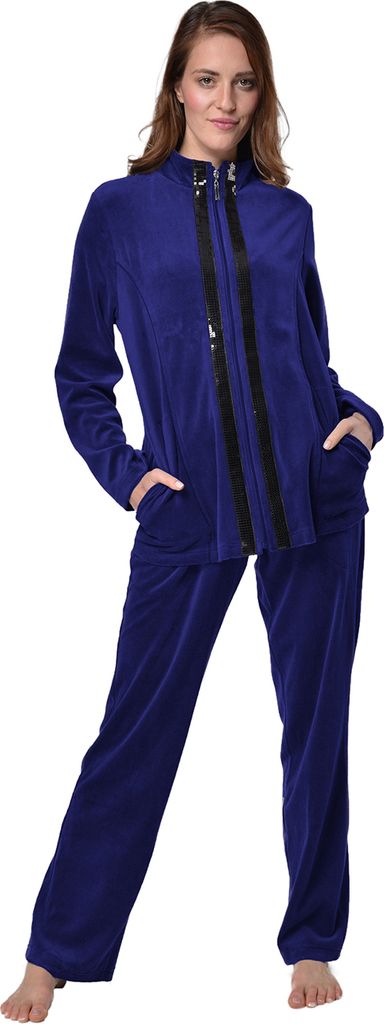 DeSen Samtweicher Nicki-Hausanzug (Kapuzenjacke mit Rei?verschluss, Hose, 2-tlg), Damen, royal blau, 36/38