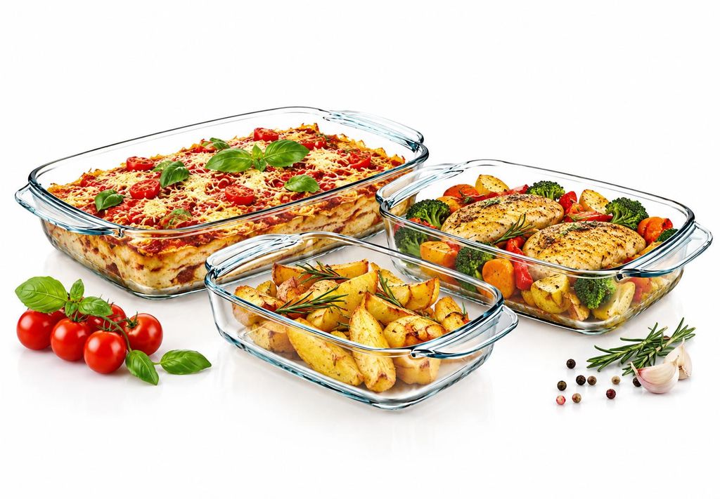 Set van 3 ovenschalen: 1,4 liter, 2,3 liter en 3,6 liter. Productafbeelding  AI-gegenereerde afbeelding
