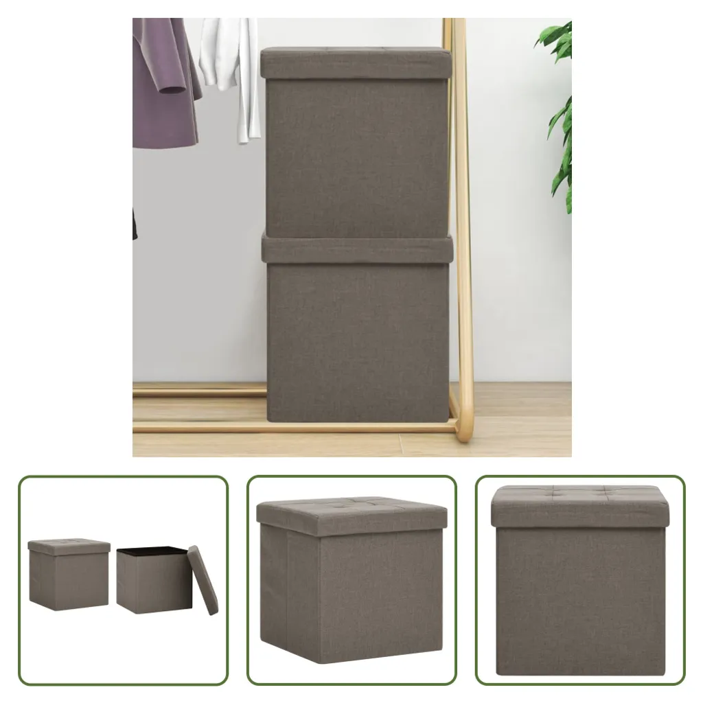 Tabouret Design avec Coffre Intégré Taupe Aspect Lin - Set de 2 Pcs - 10