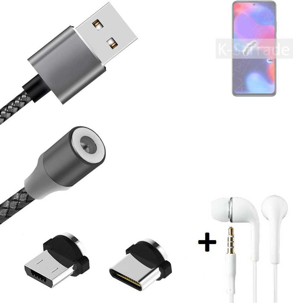 K-S-Trade Hochwertiges Magnet-Lade-kabel Sync-Kabel Daten-Kabel + Kopfhörer kompatibel mit Xiaomi Redmi Note 11 Pro+ India mit USB-Typ-C-Anschluss
