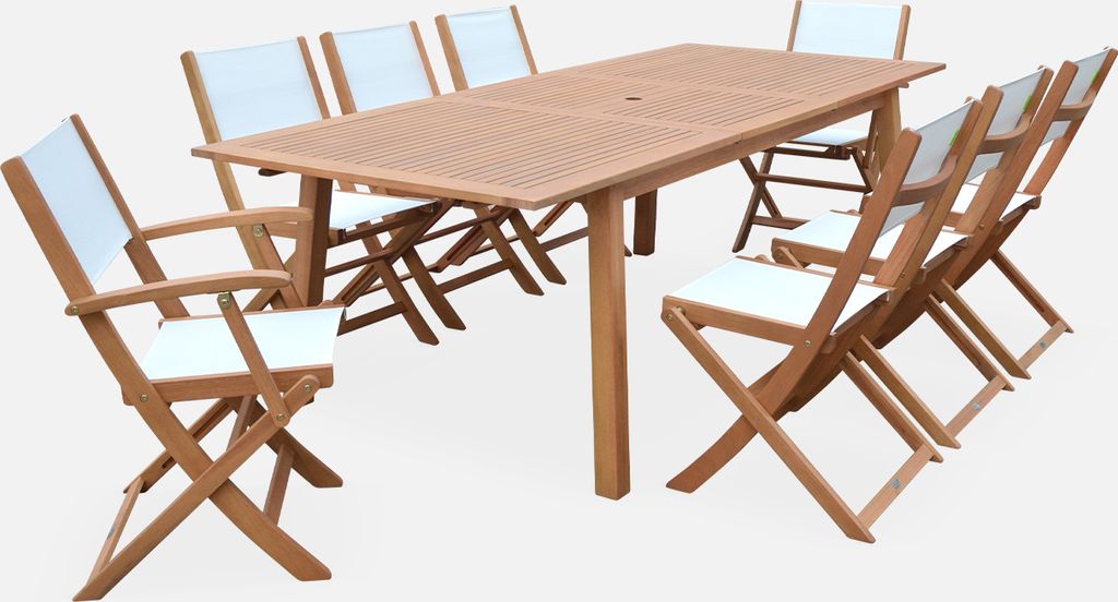 sweeek - Ausziehbarer Gartentisch aus Holz, 8 Stühle - Holzfarben