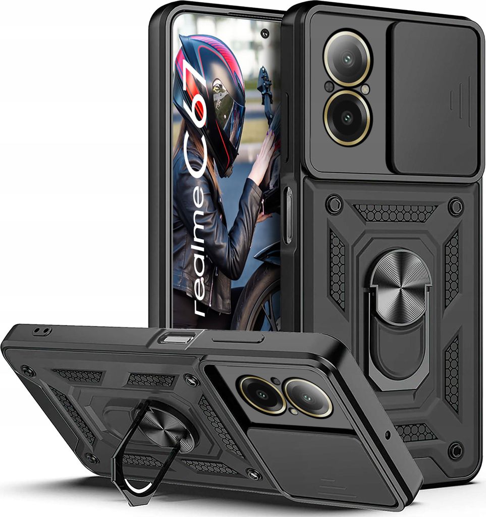 Etui für Realme C67 PANCERNE SLIDE RING RÜCKSEITE CASE + SCHUTZGlas 9H