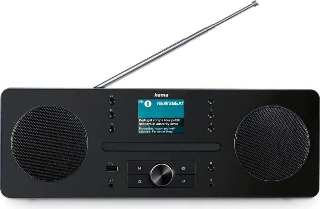 A black HAMA radio with an extended antenna, displayed against a white background.