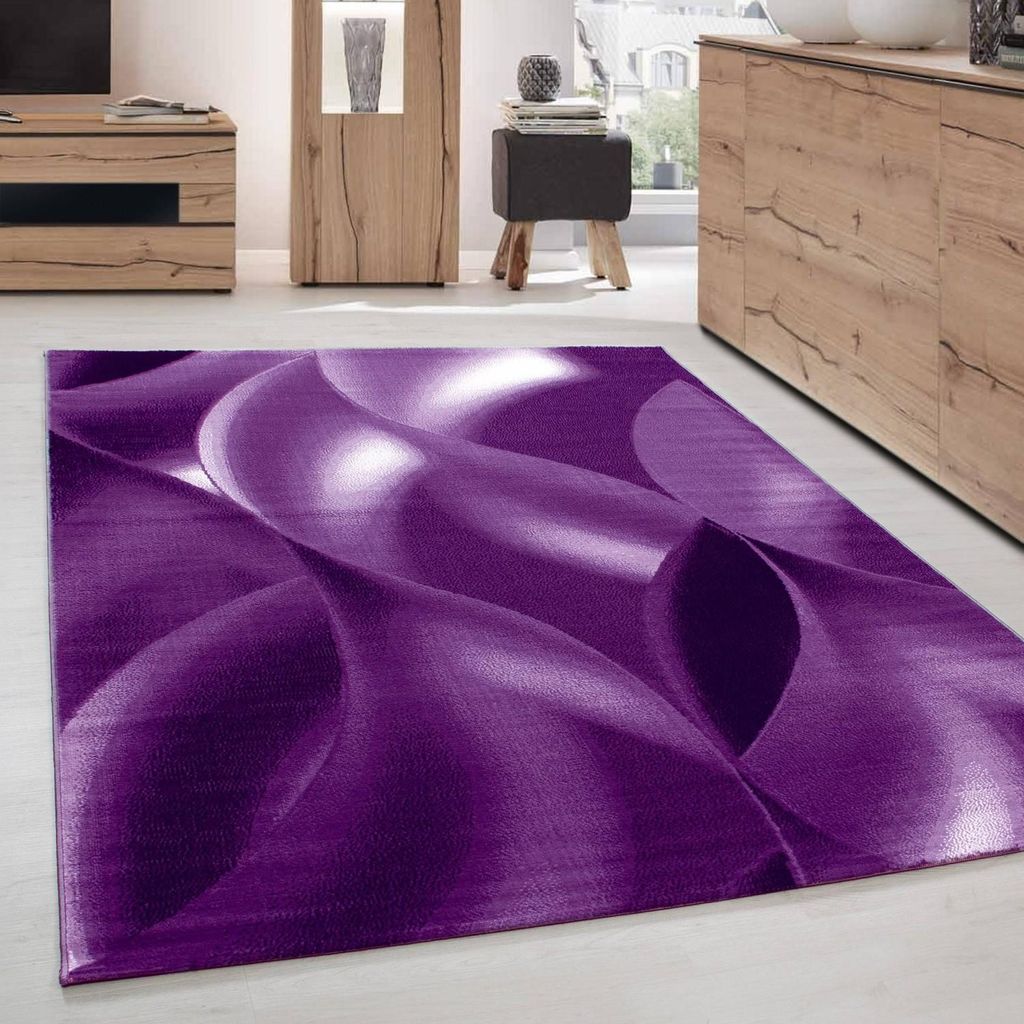 Moderner abstrakter Wohnzimmerteppich, optische Wellenschatten, Schwarz, Lila, Weiß 80 x 150 cm