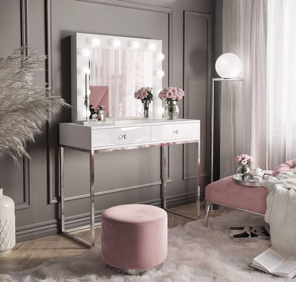 Schminktisch BLANCO GLAMOUR mit Spiegel und Beleuchtung weiß Hochglanz mit Griffen
