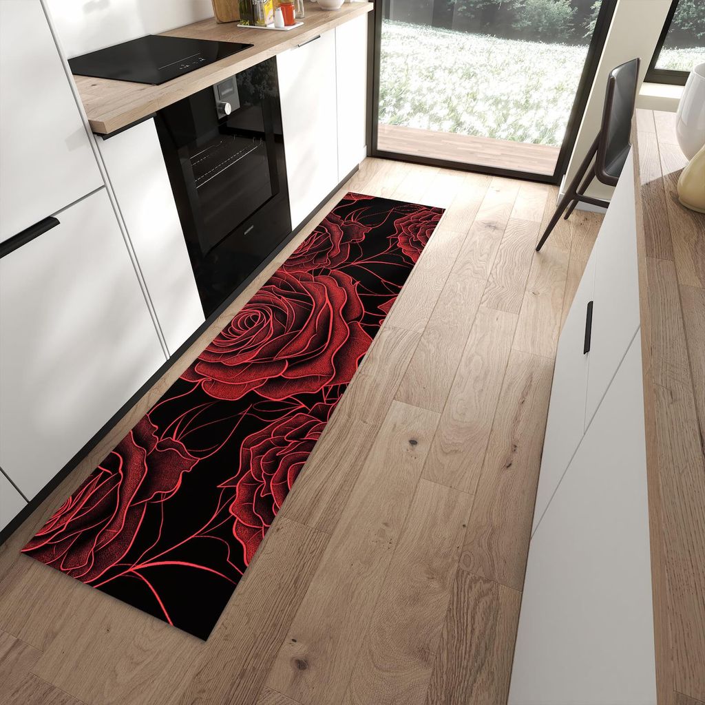 Küchenteppich 60x240cm rutschfest & abwischbar PVC Läufer - Rosenmuster Schwarz