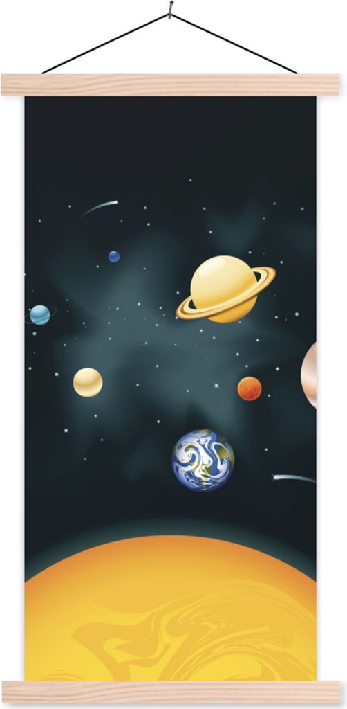 MuchoWow Textilposter Eine Illustration des Sonnensystems mit unserem Planeten 60x120 cm mit holzfarbenen Rahmen - Holz