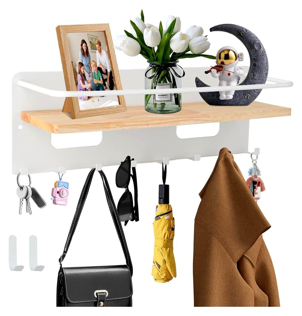 Schlüsselbrett mit Ablage und 8 Haken – Holz Schlüsselhalter zur Wandmontage (Bohren) – Moderner Schlüssel Organizer mit 2 Klebehaken für F...