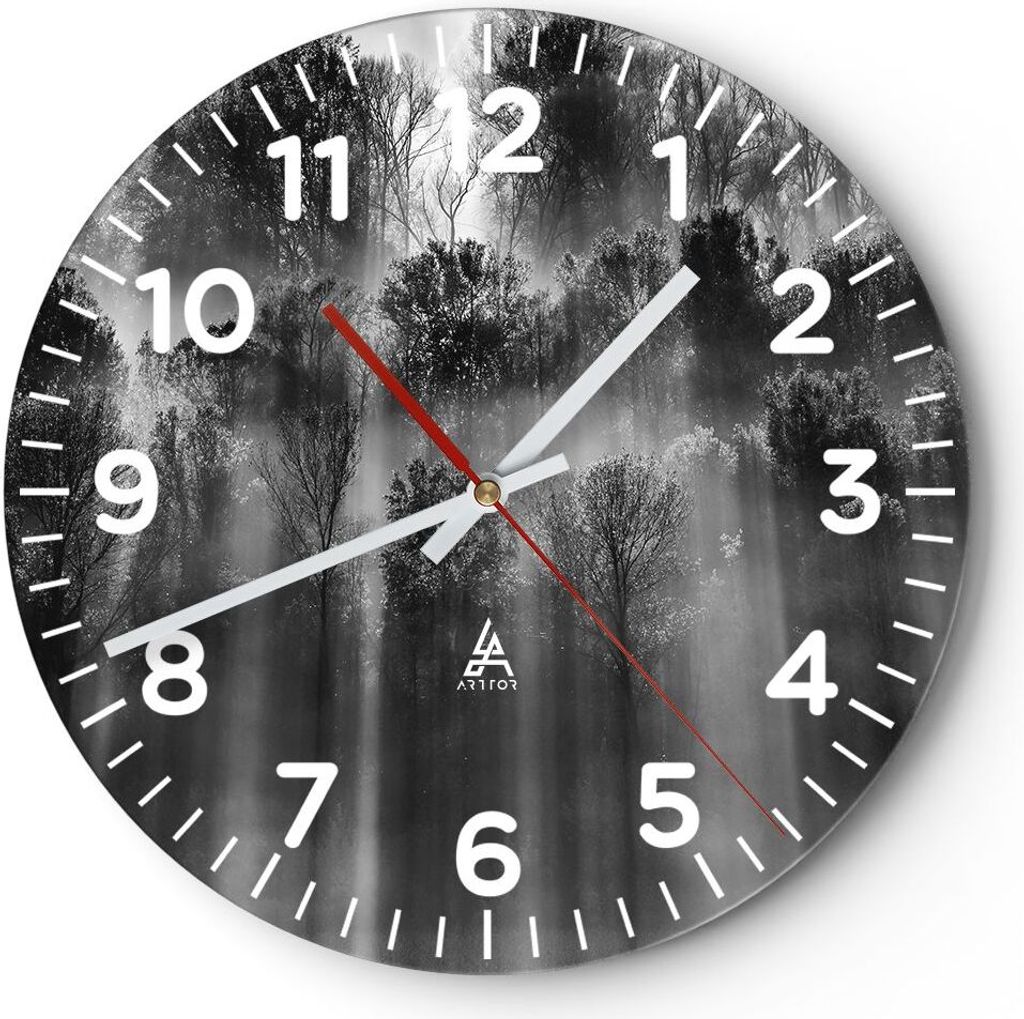 Wanduhr - Rund - Glasuhr - Bäume drinnen Nebel - 30x30cm - Schleichendes Uhrwerk - Lautlos - zum Aufhängen bereit - Dekoration Modern - Wanddekor...