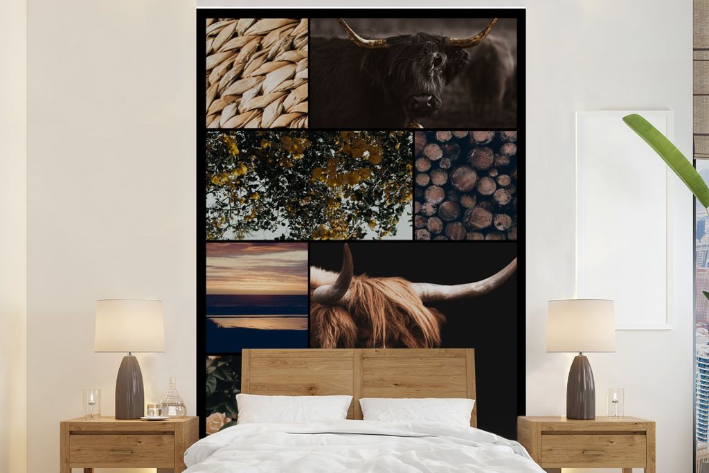 MuchoWow Fototapete für Wohnzimmer oder Schlafzimmer Wandtapete Vinyl Motivtapete Schottischer Highlander - Garten - Baum - Blumen - 195x300 cm ...
