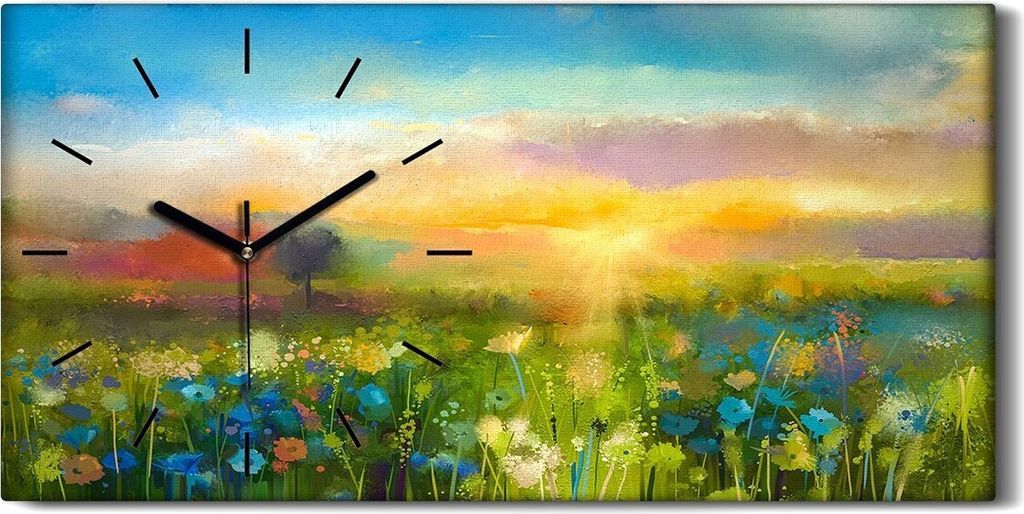 Küchenuhr Bürouhr Leinwand Uhr 60x30 Gemälde Wiese Blumen Himmel Sonnenuntergang - schwarze Hände