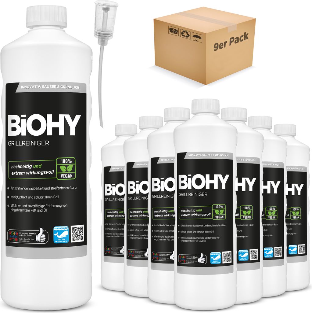 BiOHY Grillreiniger (9x1l Flasche) + Dosierer | Reiniger für Holzkohle-, Gas- und Elektrogrill | Aktivschaum gegen angebranntes Fett und Öl | Mat...