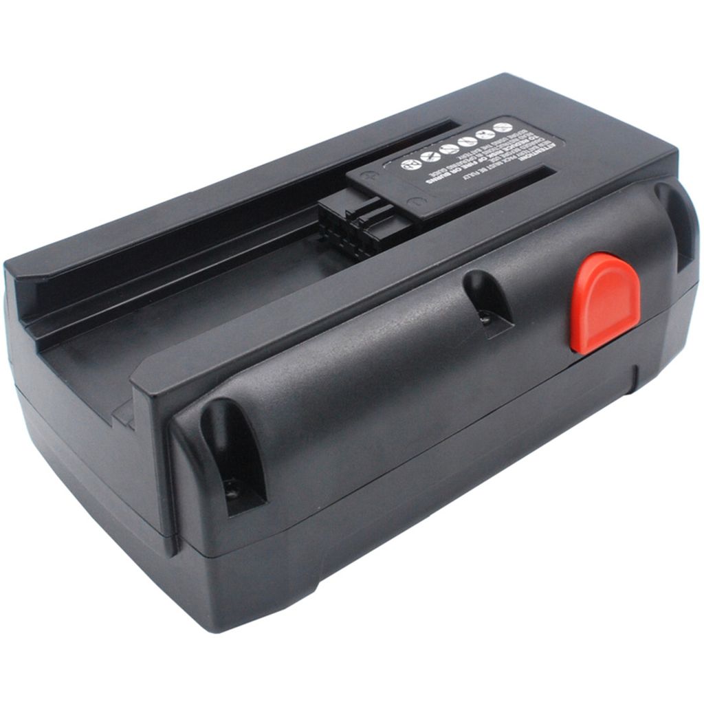 A black battery pack with a red release button, shown from a diagonal angle against a white background.