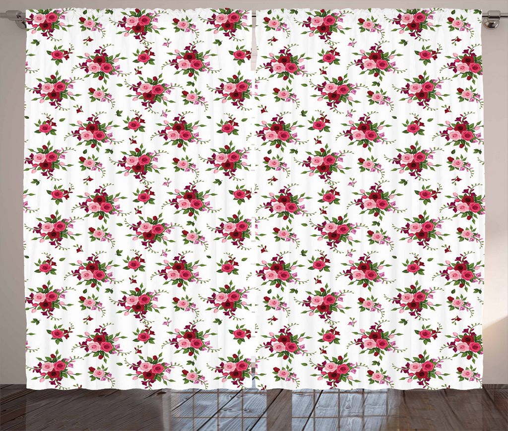 ABAKUHAUS Blumen Rustikaler Gardine, Brautsträuße Rosen, Schlafzimmer Kräuselband Vorhang mit Schlaufen und Haken, 280 x 175 cm, Grün Rosa Rubin