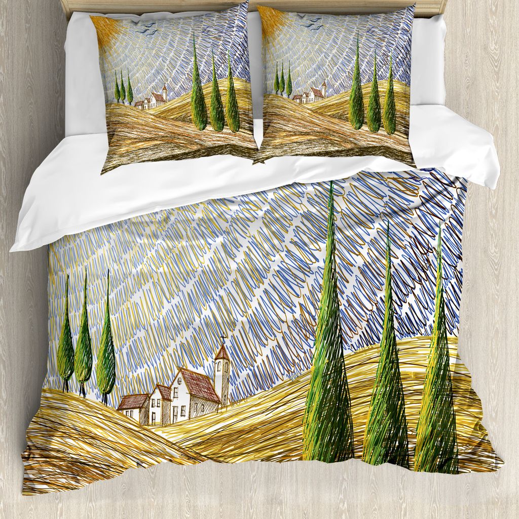 ABAKUHAUS Italienisch Bettbezug, Rural Felder Europa, Milbensicher Allergiker geeignet mit Kissenbezügen, 155 cm x 220 cm - 80 x 80 cm, Mehrfarbig