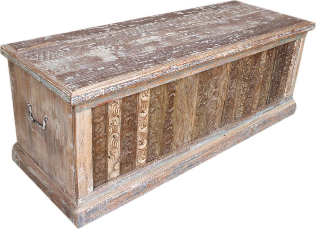 Antike Holzbox, Holztruhe, Couchtisch, Kaffeetisch aus Massivholz, Aufwändig Verziert - Modell 26, Antik-weiß, 48*130*46 cm, Truhen, Kisten, Koffer
