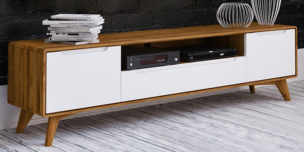 TV-Unterschrank Timaru 28 Wildeiche geölt / Weiß, teilmassiv - Abmessungen: 48 x 180 x 40 cm (H x B x T)