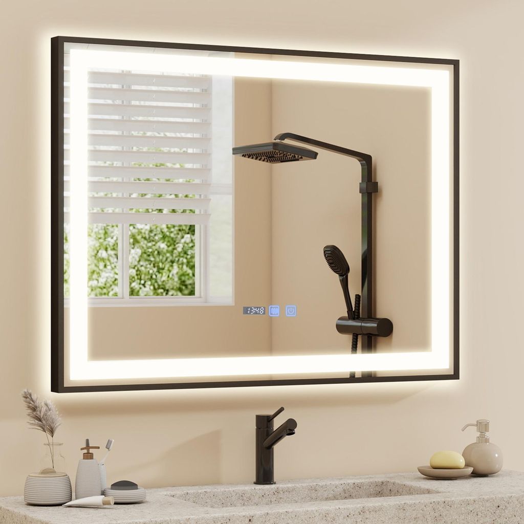 Puluomis Badspiegel 70x50 beschlagfrei mit 3 Farbe Beleuchtung, dimmbare Helligkeit, Badezimmerspiegel mit Digitaluhr, Temperatur schwarz