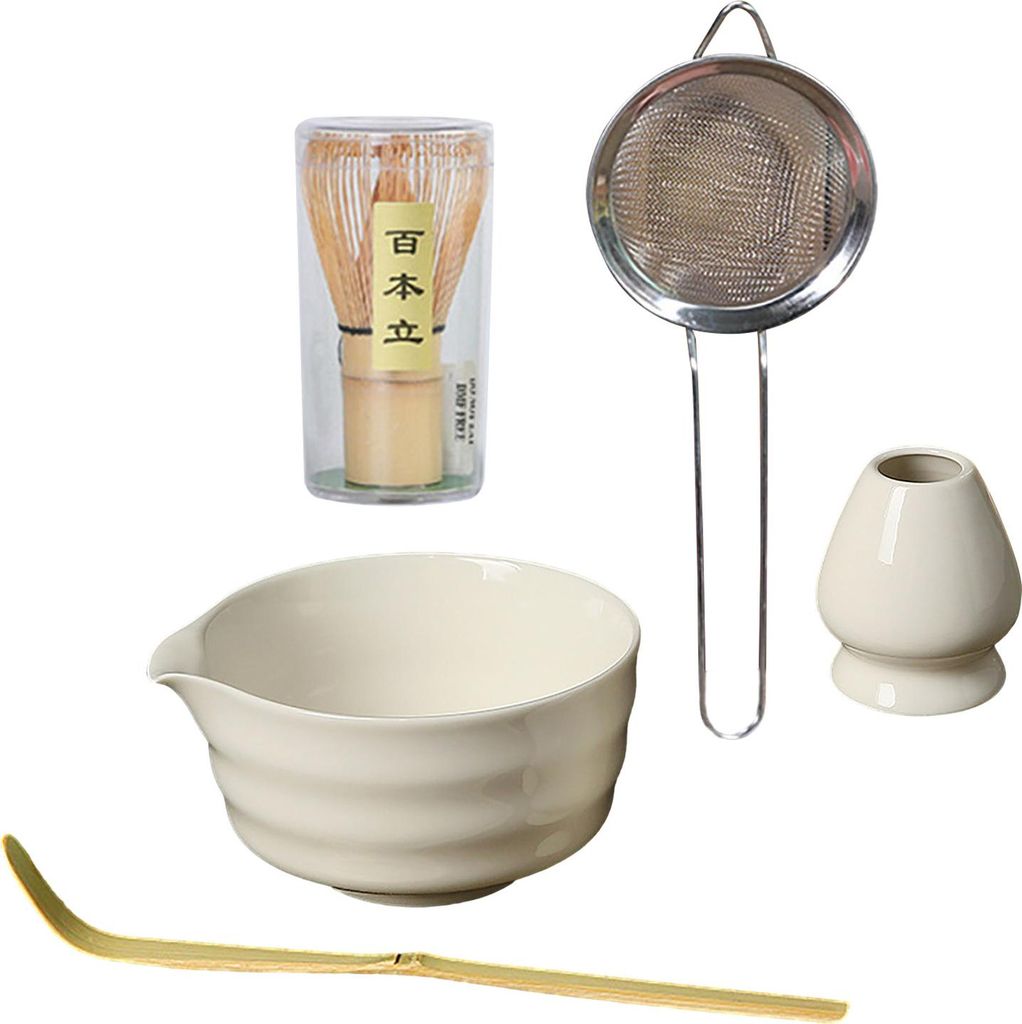 5-teiliges japanisches Matcha-Teeset mit Ausguss, Matcha-Schüssel, Bambus-Schneebesen und Halter, Sieb, Schaufel, handwerkliches Matcha-Brau-Set