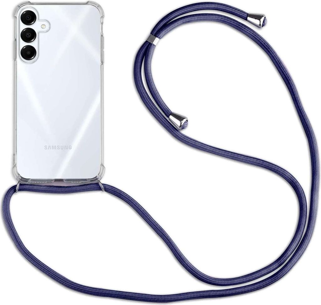 A transparent phone case with a blue lanyard attached to a Samsung phone.