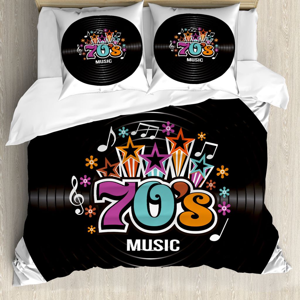 ABAKUHAUS Vinyl Bettbezugs Set Für Doppelbetten, Siebziger Diskografie, Milbensicher Allergiker geeignet mit Kissenbezügen, Mehrfarbig