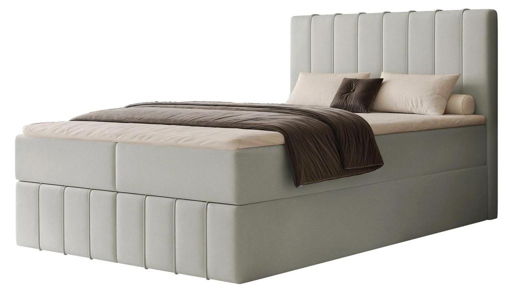 Boxspringbett NOVA 120x200 Paneel-Optik Bettkasten Bonellmatratze Aschgrau Samt