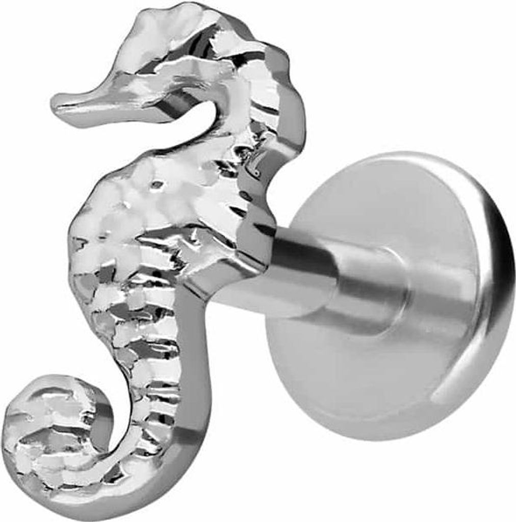 Ohrpiercing, Nasenpiercing Titan Labret mit Innengewinde SEEPFERDCHEN Silber Stablänge: 8mm | Stabstärke: 1,2mm