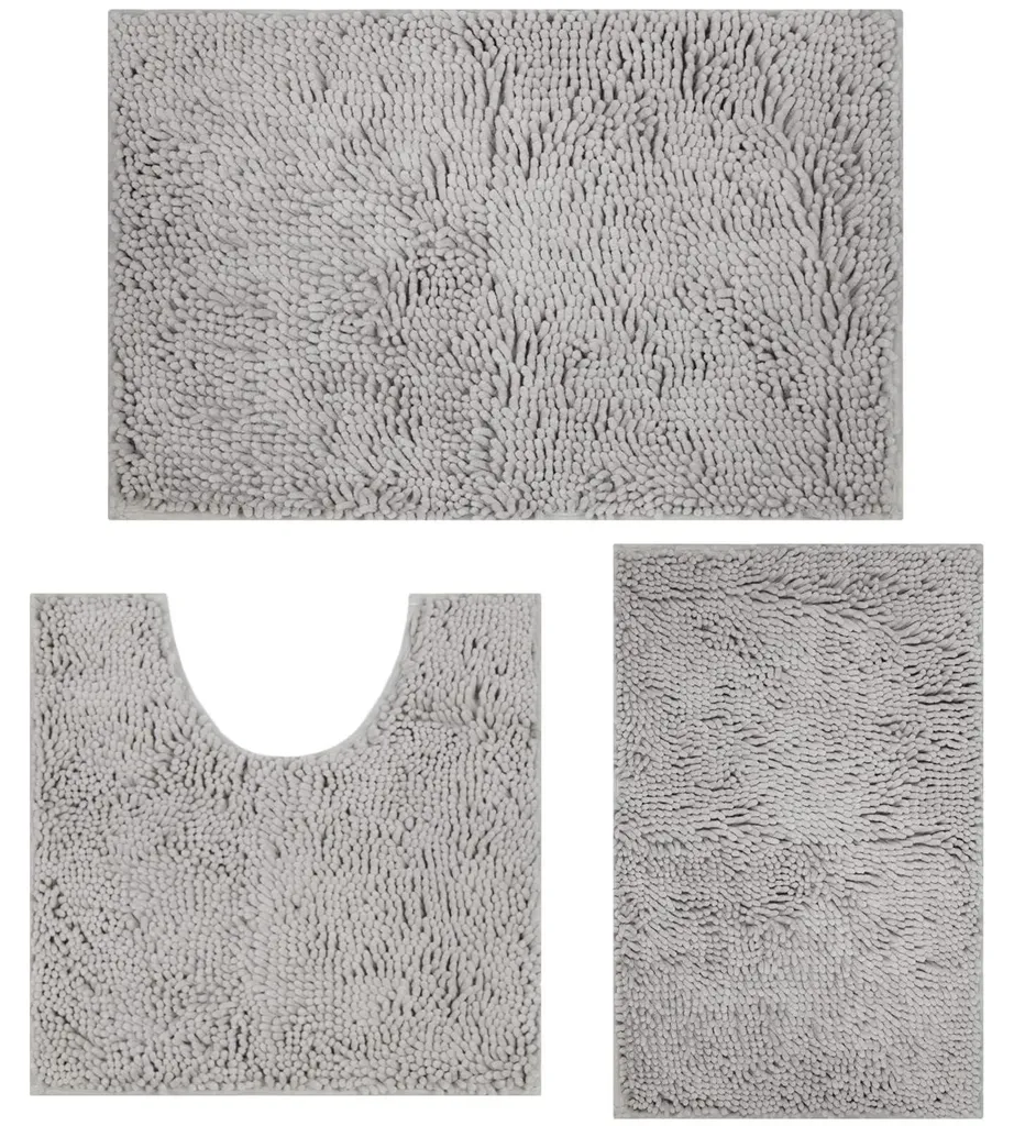 Ensemble tapis de bain et contour WC 3 pièces en chenille gris clair