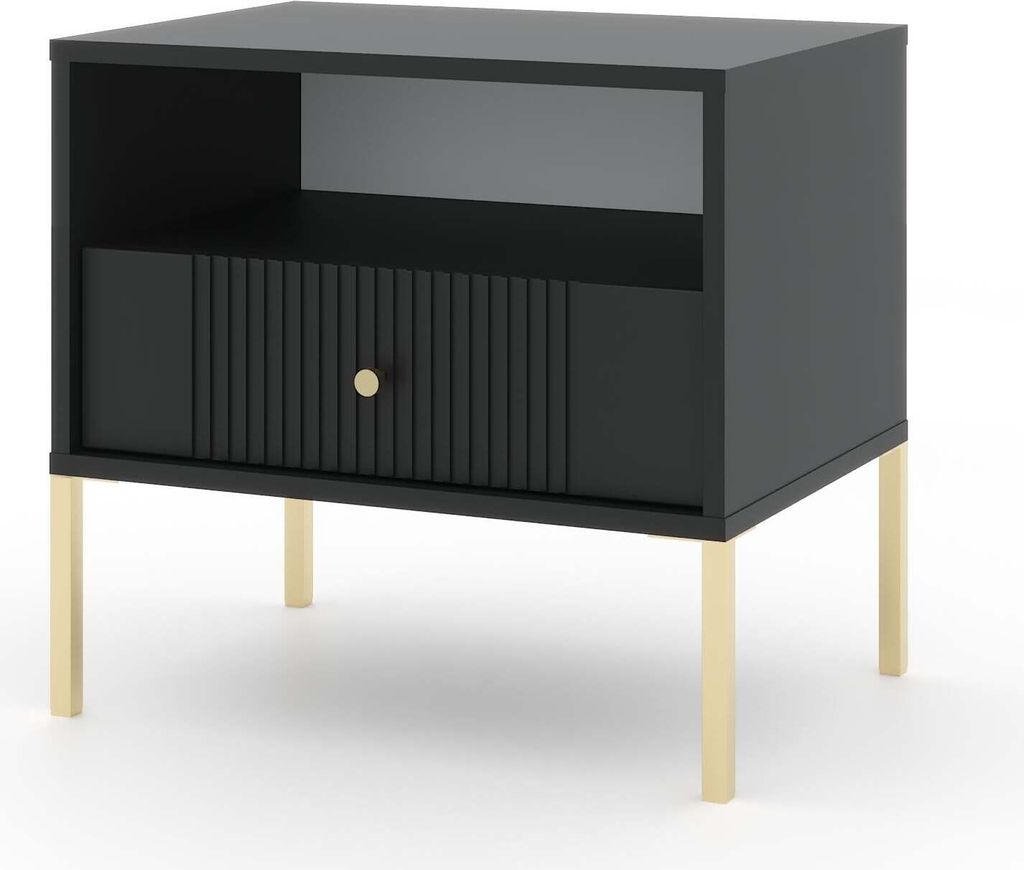 FURNLUX Nachttisch Iseo Schwarz Und Gold 54cm / Hauptfarbe: Schwarz / Abmessungen: 54 x 50 x 39 cm