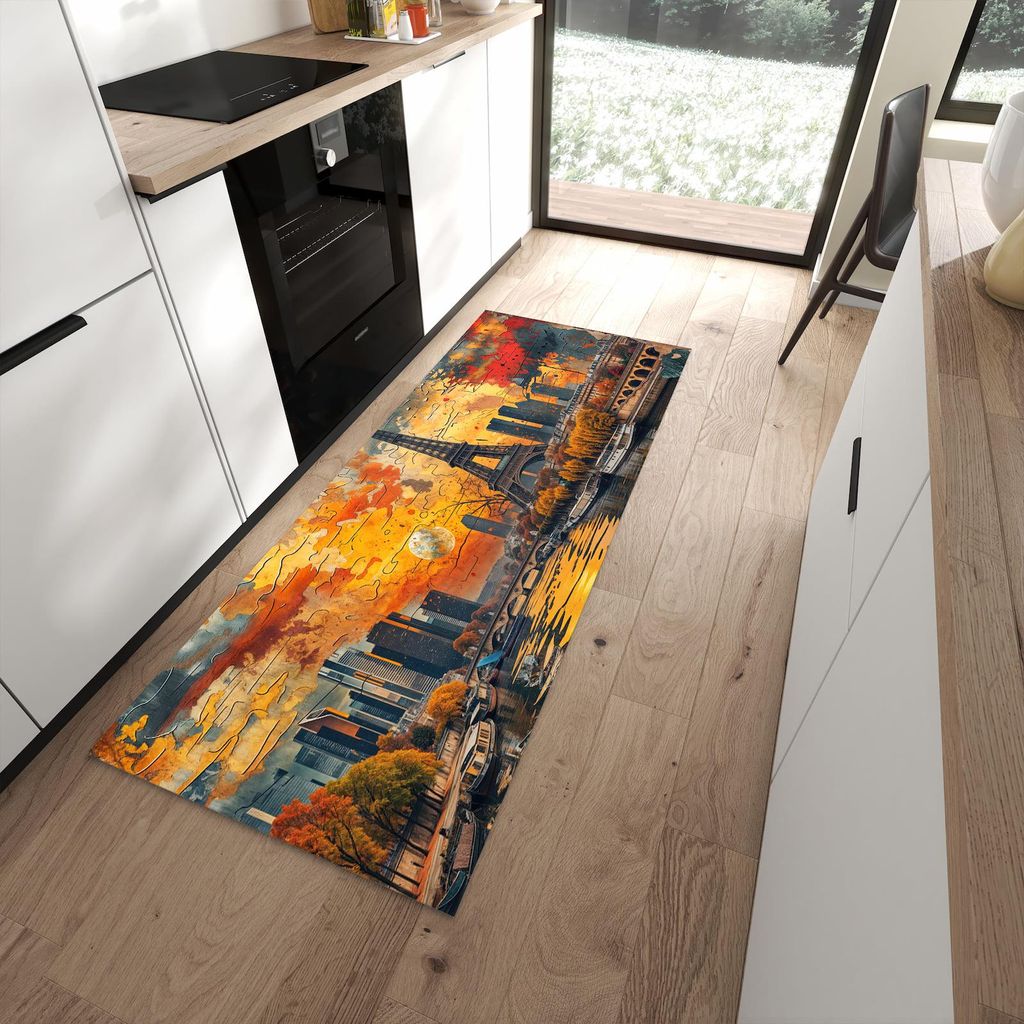 Küchenteppich 80x200cm rutschfest & abwischbar PVC Läufer - Eiffelturm Skyline