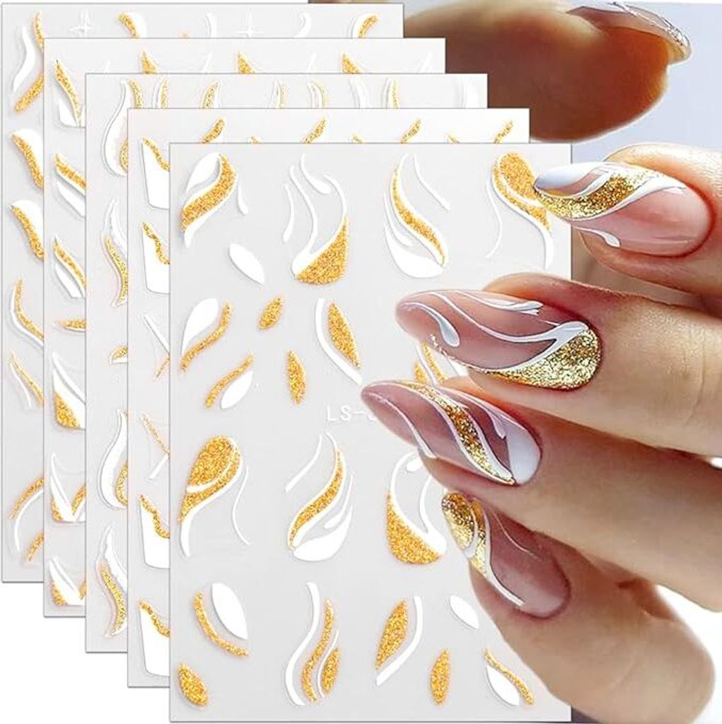 3D Glitzer Französisch Linie Nagelsticker French Nail Sticker Wellenlinie Wirbel Linien Nagelaufkleber Geometrische Streifen Kurve Nagelfolie Selb...