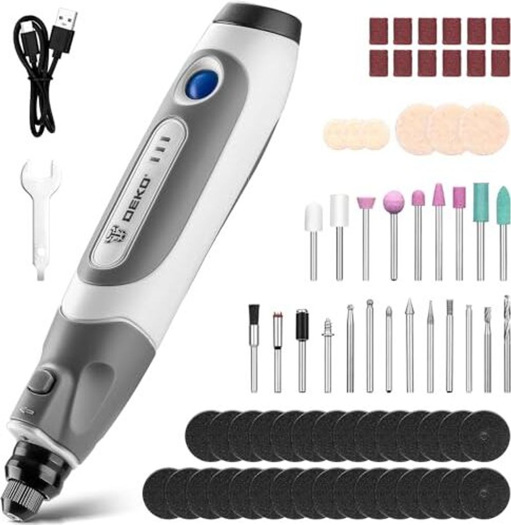 Multifunktionswerkzeug Akku Rotationswerkzeug Gravur Gerät Mini Schleifer: DEKOPRO 3.7V 70 Zubehör Set mit LED Licht 3 Gang Gravierstift - für