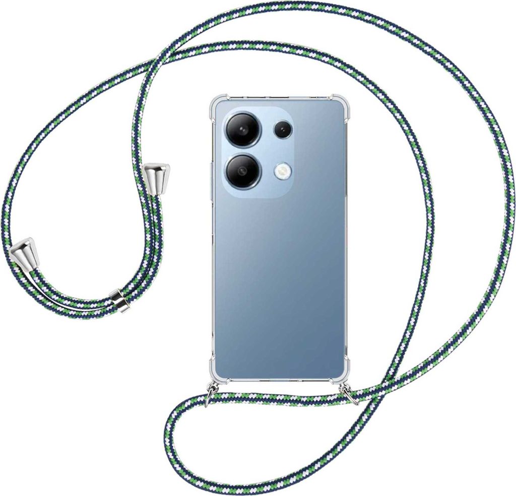 Handykette Backcover-Schutzhülle mit Band (Metall silberfarben) für Xiaomi Redmi Note 13 Pro 4G - grün/blau/weiß