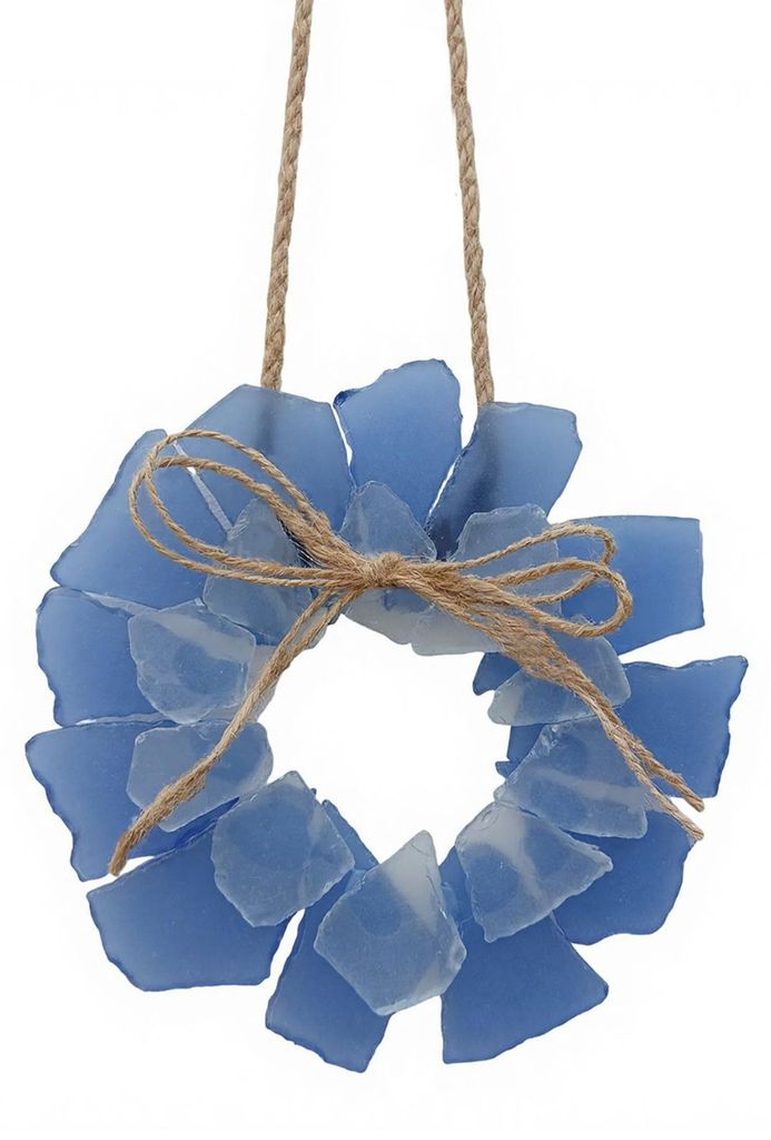 Handgefertigter Strandkranz aus Treibglas im Küstenstil, 15 cm Durchmesser, als Hängedekoration für Tür, Fenster, Küche, Schrank, Stuhl, Wand ...