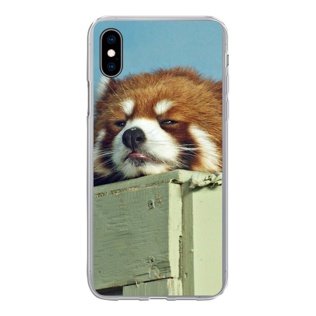 MuchoWow Handyhülle Schutzhülle Hülle für iPhone Xs Panda - Holz - Rot Silikon Softcase Handy Hülle - Handytasche