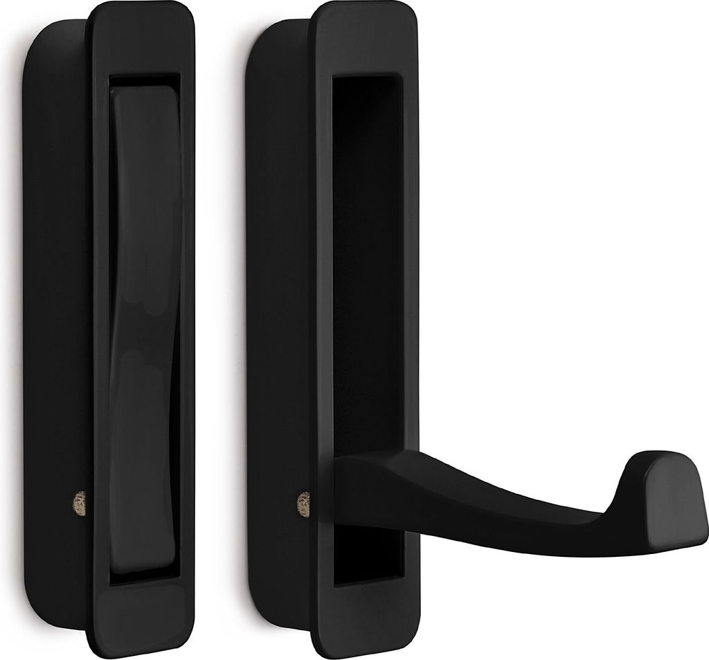Two black wall-mounted hooks are shown against a white background. One hook is closed and appears to be a flush-mount style, while the other is open and extended, shaped like a U-hook.