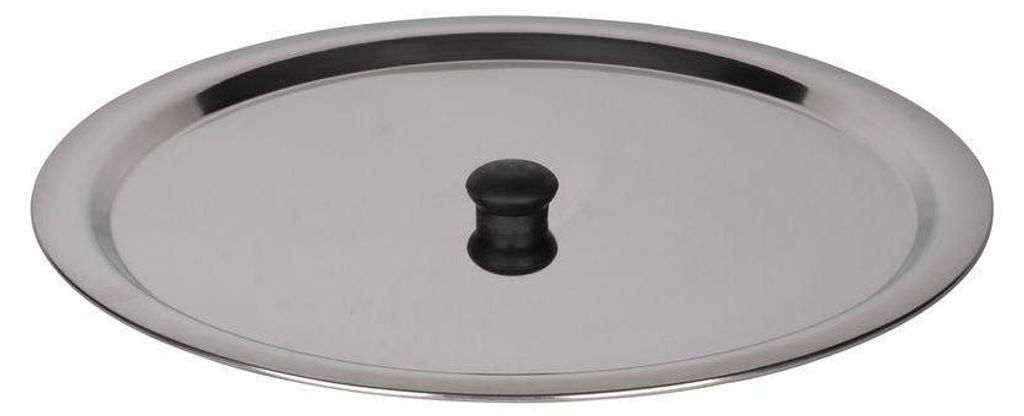 A stainless steel pot lid with a black handle.
