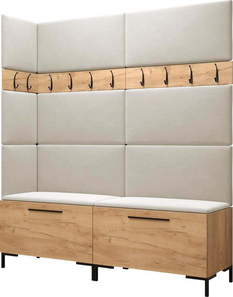 MIRJAN24 Garderoben-Set Zilion V, Garderobe mit 8 Stück Gepolstertes Wandpaneel Pag 84x42 und 3 Stück 42x42 (Eiche Craft Gold + Schwarz, Manila 02)