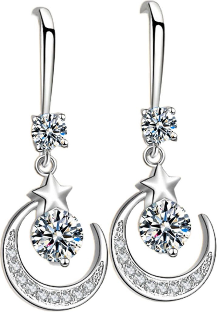 1 Paar Damen-Ohrringe, Mond, Stern, Strasssteine, Schmuck, elegante Geometrie, Hakenohrringe für den täglichen Gebrauch-Weiß