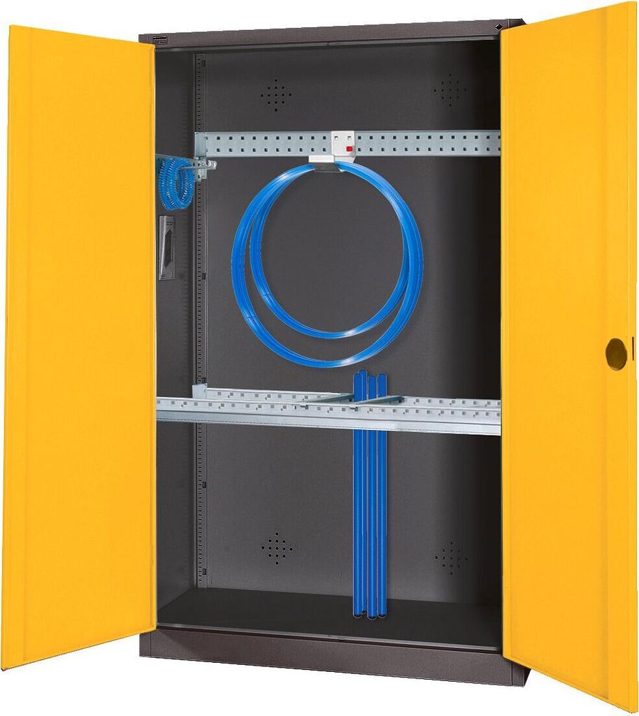 C+P Modul-Sportgeräteschrank "Grundausstattung" mit Vollblech-Flügeltüren, HxBxT 195x120x50 cm, Ergo-Lock Muldengriff, Verkehrsgelb (RAL 1023), ...