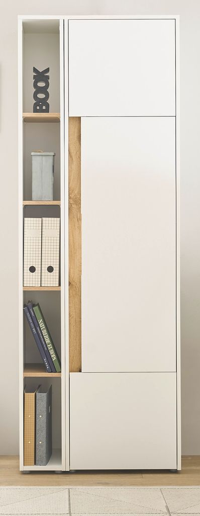 A tall, narrow cabinet with open shelves on the left and closed doors on the right, featuring a wood accent.