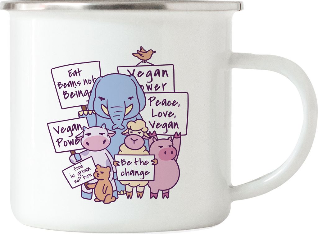 Vegan Power Lustige Emaille Tasse Geschenkidee Plant-Based Tierwohl Protest Tier Demo