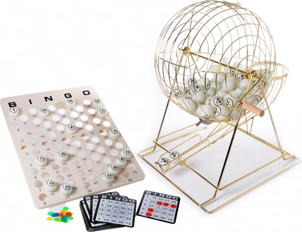 Longfield Bingo-Mühle XL – 50 cm – mit 75 extra großen Bingo-Tischtennisbällen – Korb 34 cm