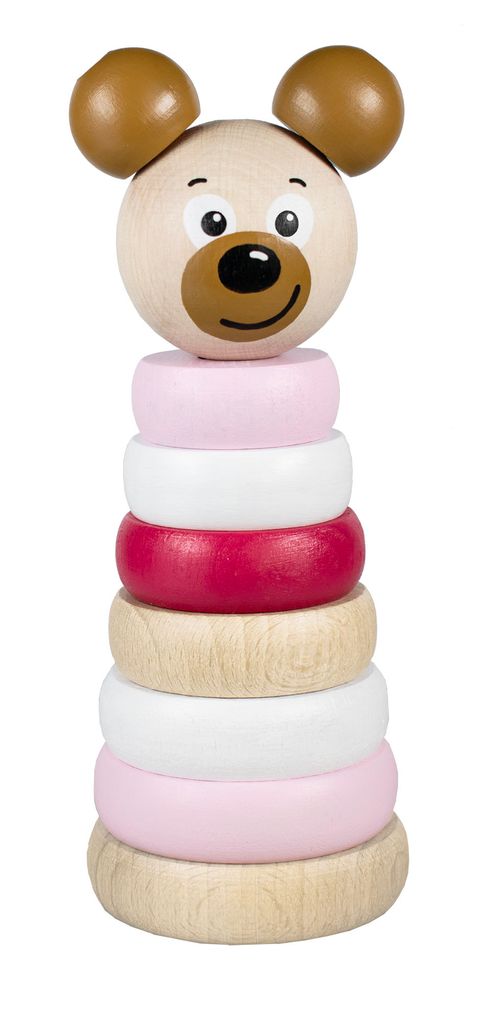 Detoa Holzspielzeug Pyramide, faltbar, rosa mit Bärenmotiv, für Kinder ab 1 Jahr