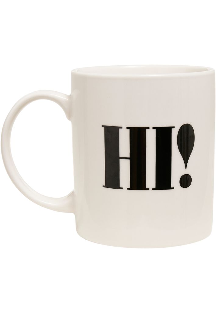 Kaffeetasse Hi Bye weiß mit großem Henkel und originellem Hi!-Bye-Aufdruck