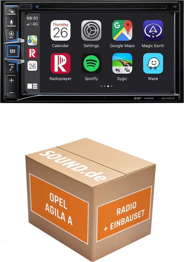 Autoradio Einbaupaket Alpine INE-W611D passend für Opel Agila A mit Lenkradfernbedienung | Navigationssystem CD-/DVD-Laufwerk